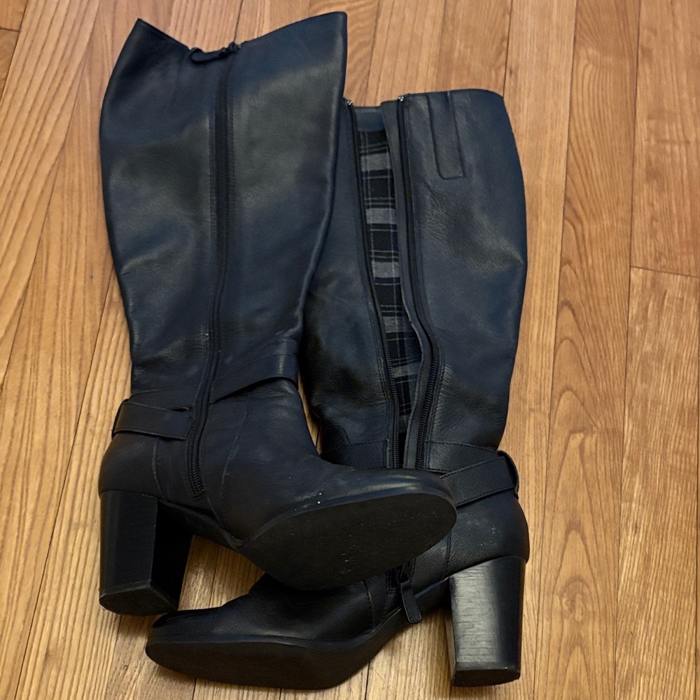Cole Haan Black Heeled Boots with Plaid Detail